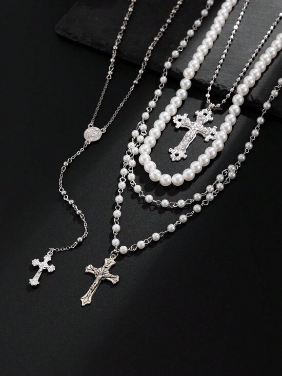 Silver Layered Cross Necklace Set For Women, 4Pcs Pearl Rosary Choker Chunky Chr - Picture 3 of 8